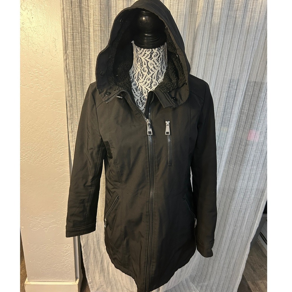 Calvin Klein Rain Jacket Coat Womens Small Black Hooded Softshell Performance
